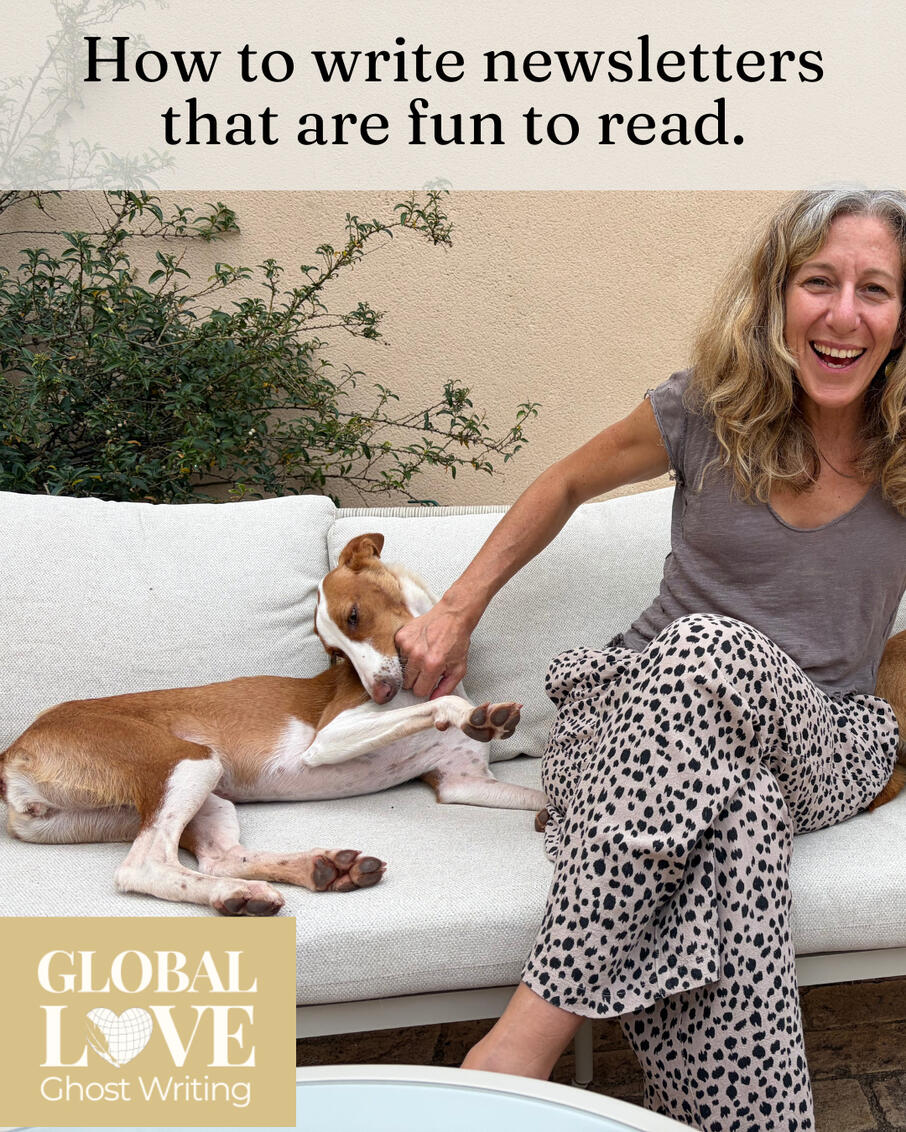 Liz Brown Morgan laughing on a patio sofa with a brown-and-white dog, branded Global Love Ghost Writing, with the words "How to write newsletters that are fun to read."