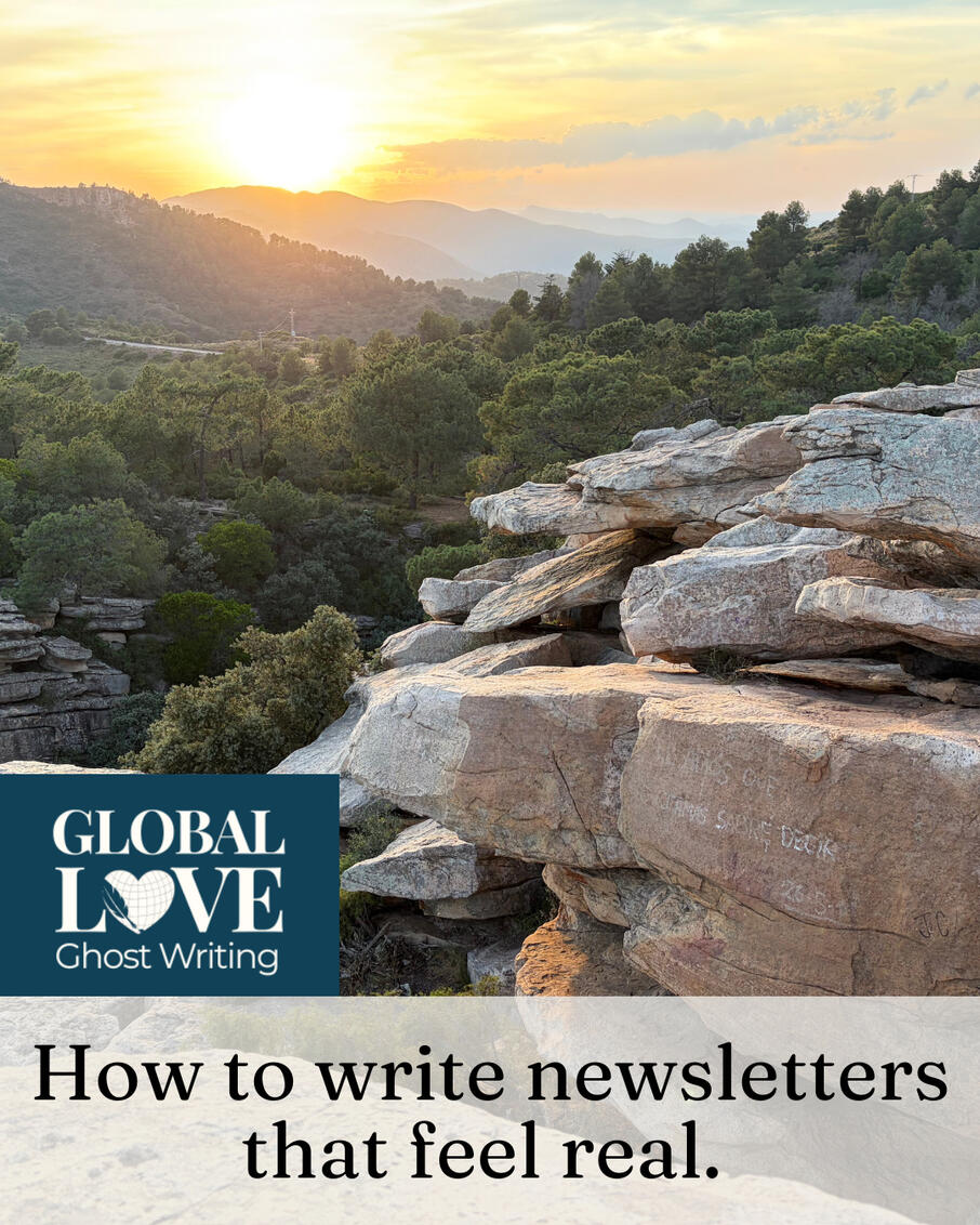 Sunset and rocks near Savi Co-living Spain Sunset over forested mountains and rocky cliffs in Spain, with the words "How to write newsletters that feel real."