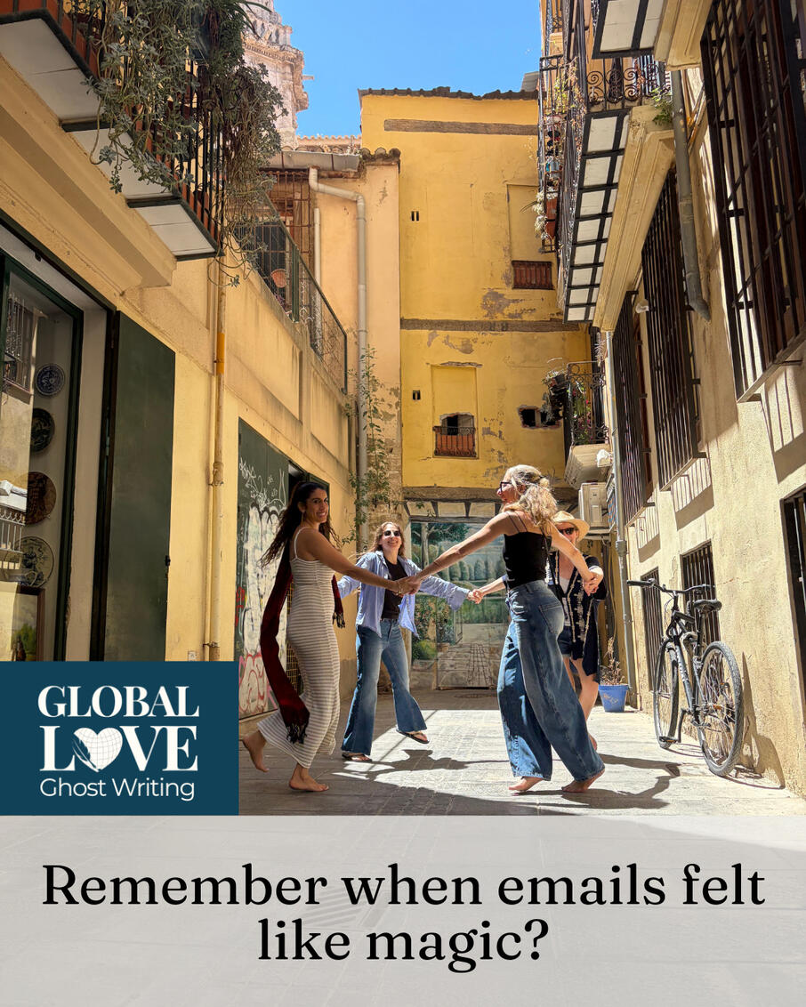 Four women holding hands and dancing in a circle on a sunlit old-town street in Valencia, Spain, with the words "Remember when emails felt like magic?"