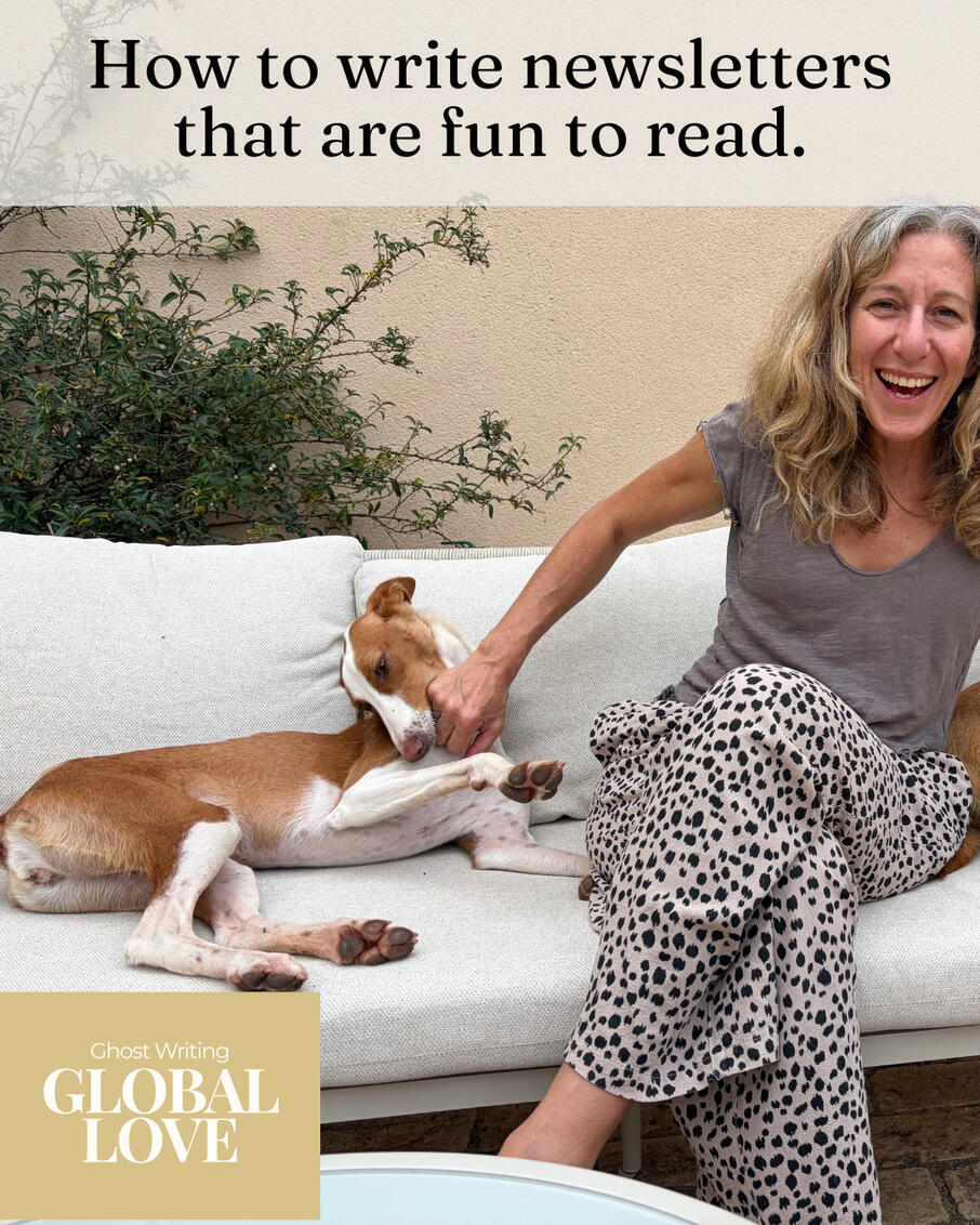 Liz and dog at Savi Co-living Liz Brown Morgan laughing on a patio sofa with a brown-and-white dog, branded Global Love Ghost Writing, with the words "How to write newsletters that are fun to read."