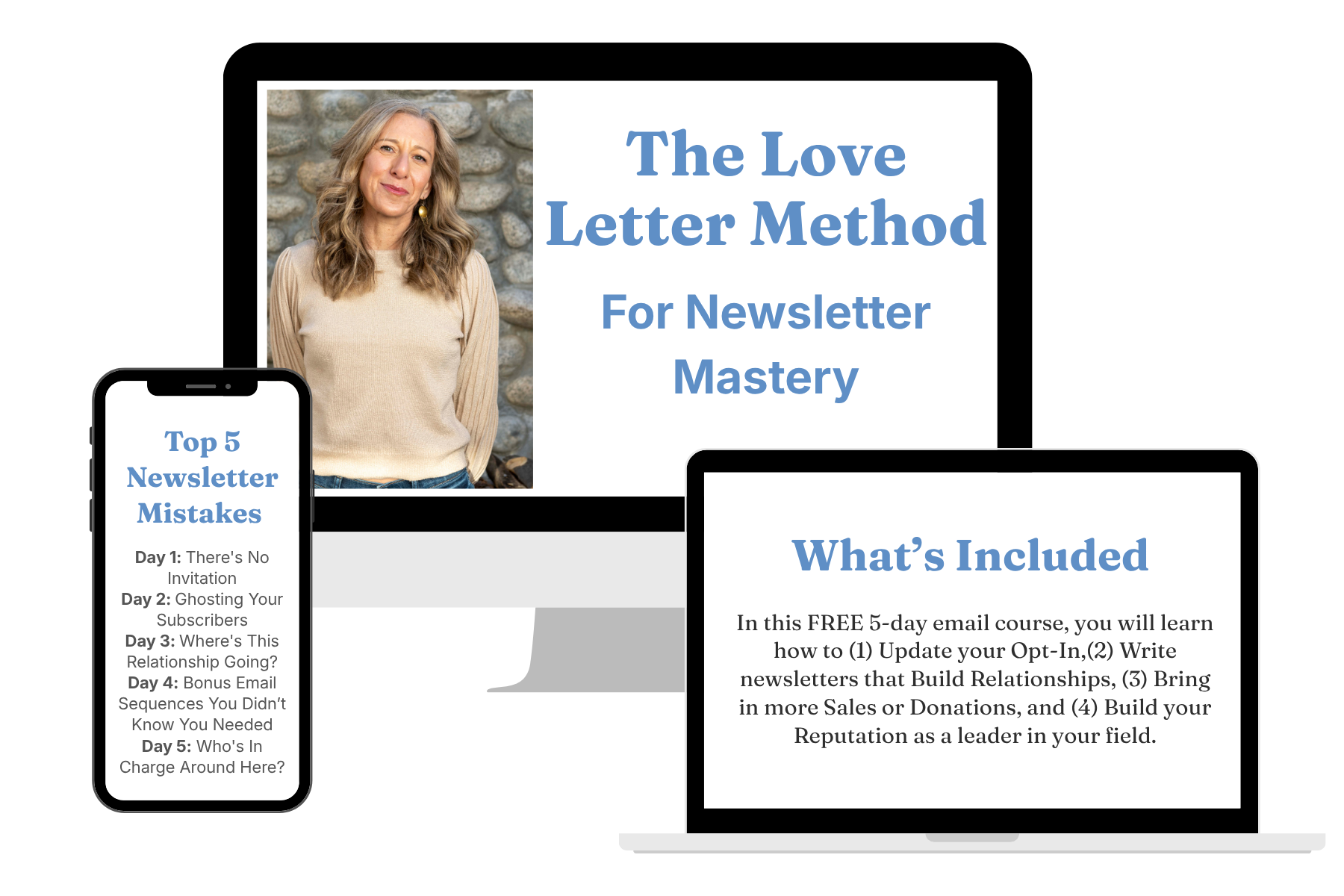 The Love Letter Method for Newsletter Mastery email course shown on a laptop, iPad, and phone.